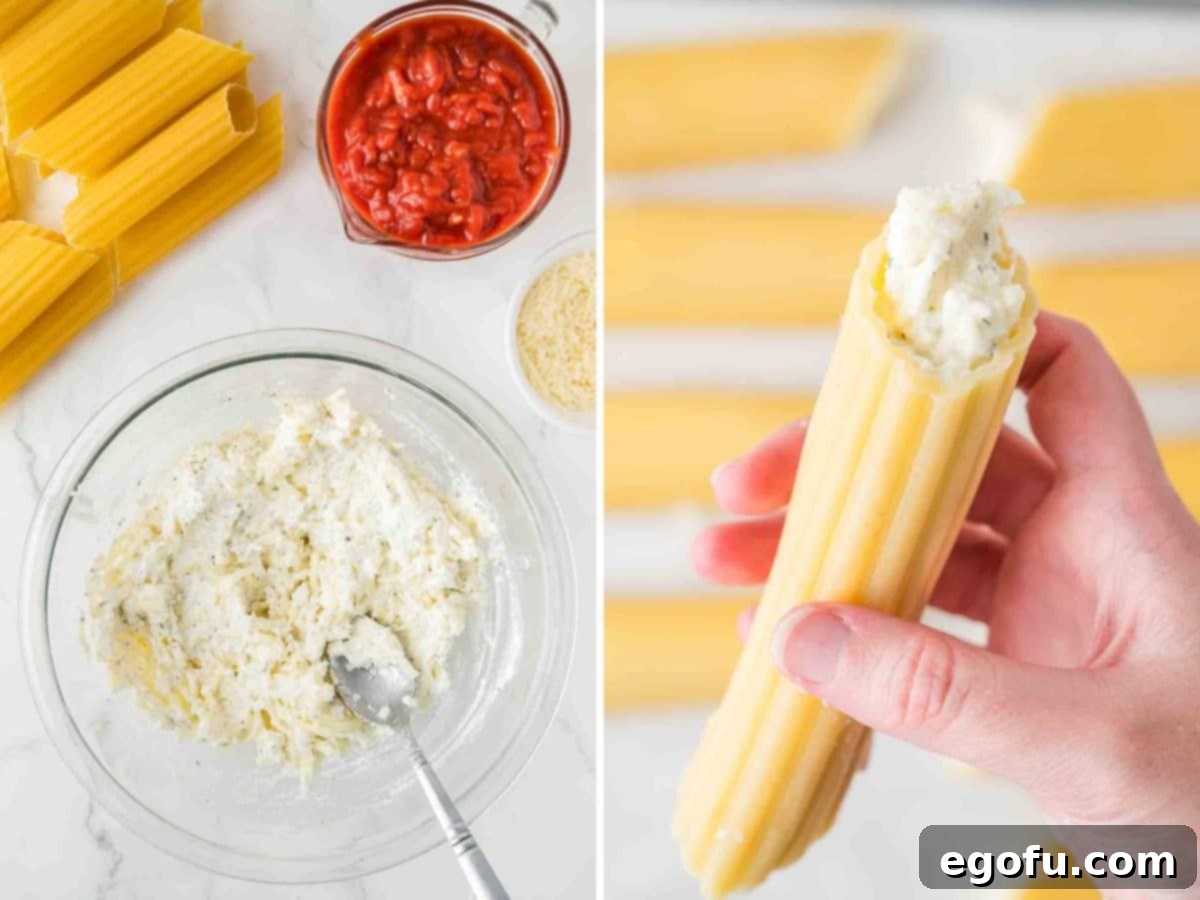 Effortless Manicotti 6 A bowl of creamy cheese filling, with a hand gently stuffing a manicotti shell, showcasing the filling process.