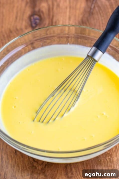 Party Perfect Bowl Cake 12 Vanilla pudding in a bowl with a wisk.