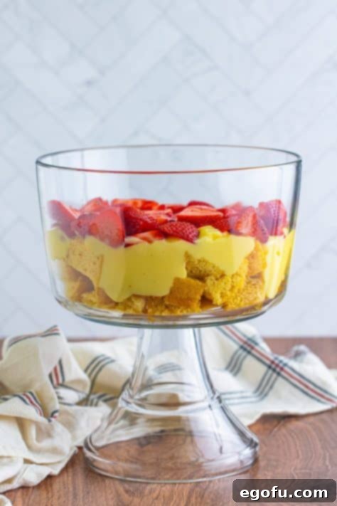 Party Perfect Bowl Cake 15 Sliced strawberries, pudding and cake pieces in a bowl.