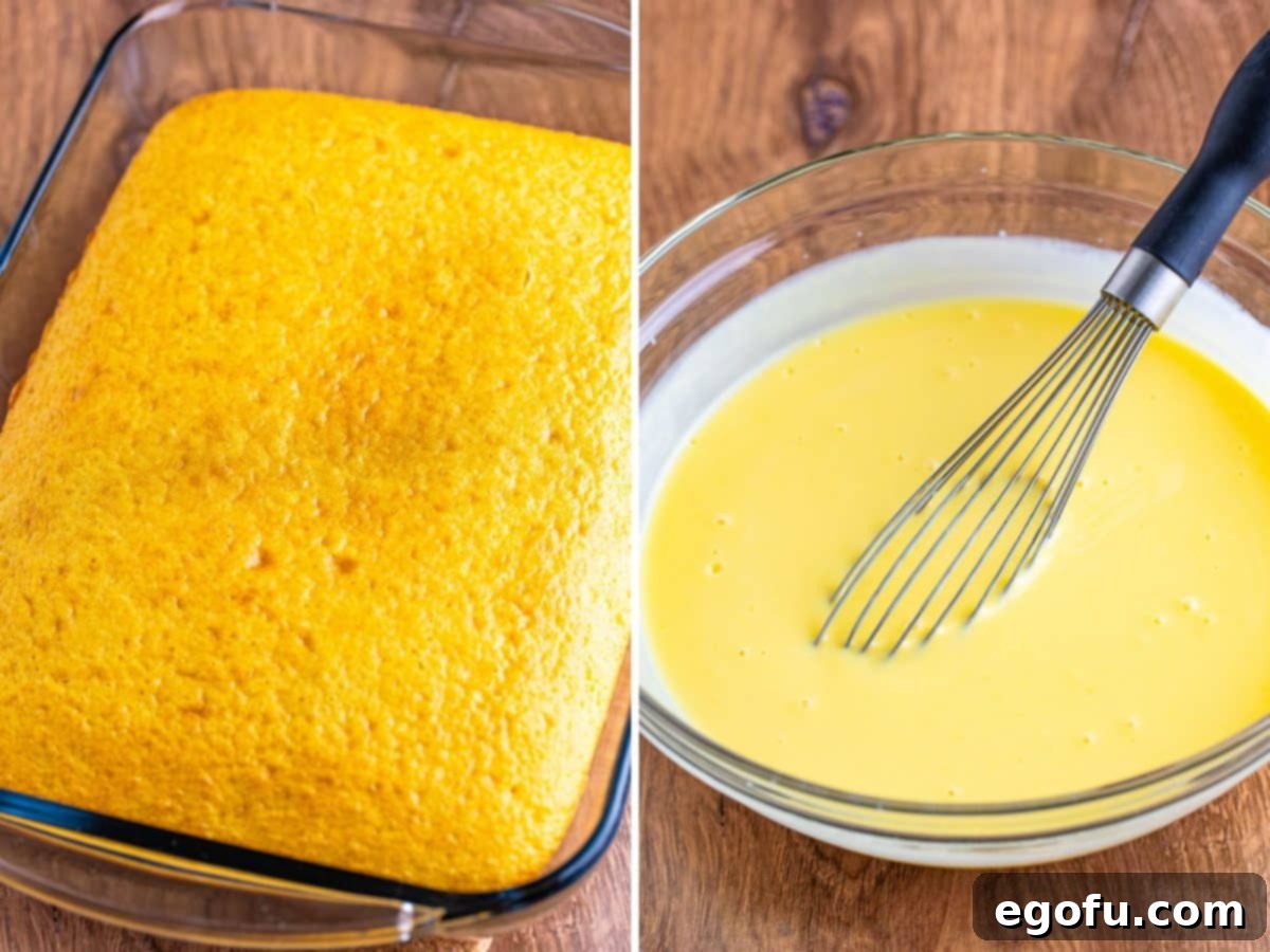 Party Perfect Bowl Cake 4 A freshly baked yellow cake in a baking pan beside a bowl of whisked vanilla pudding, ready for the next steps.