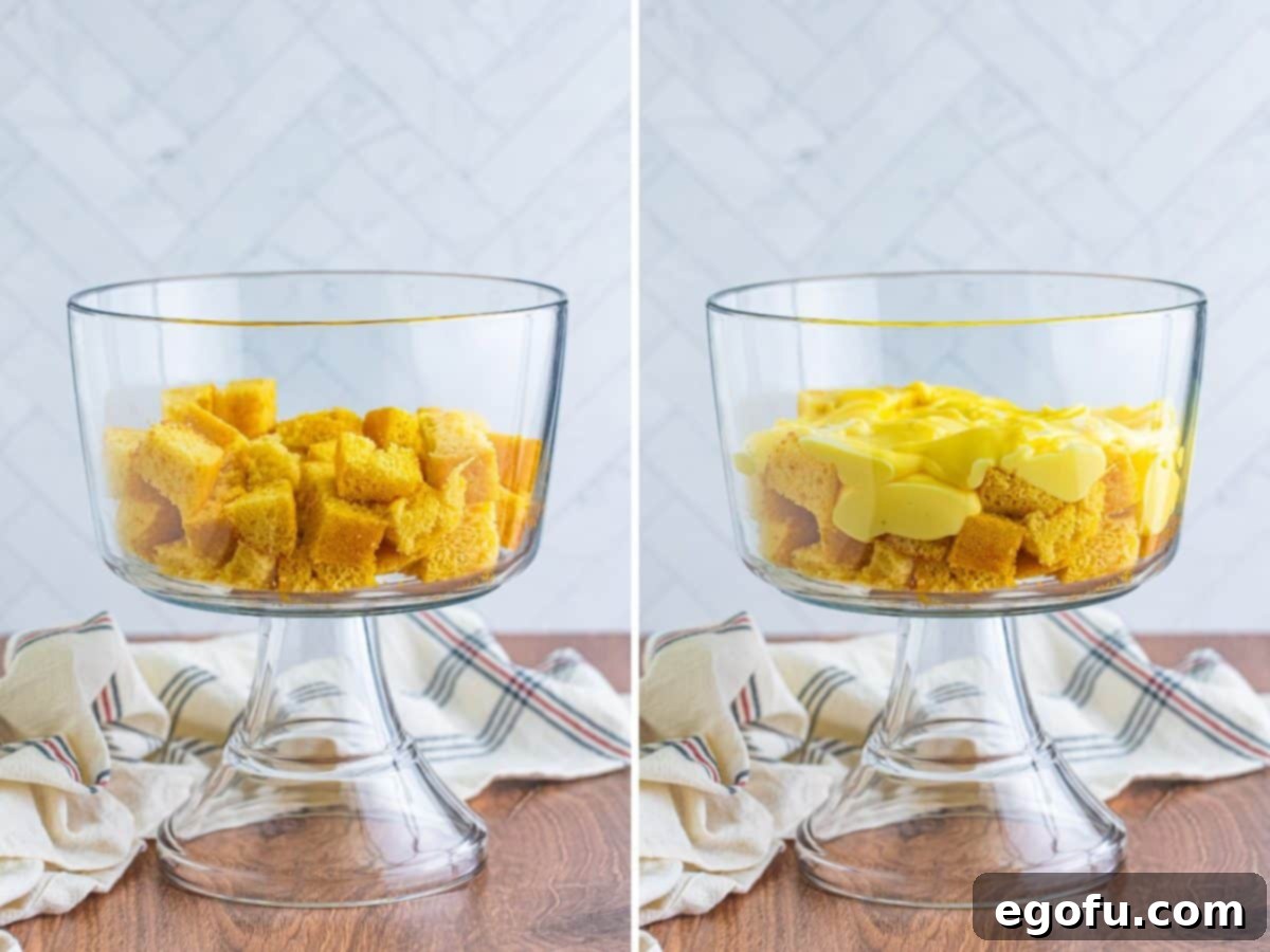 Party Perfect Bowl Cake 5 A punch bowl filled with the first layer of cake pieces, with a separate bowl showcasing cake pieces topped with creamy vanilla pudding, illustrating the initial steps of assembly.