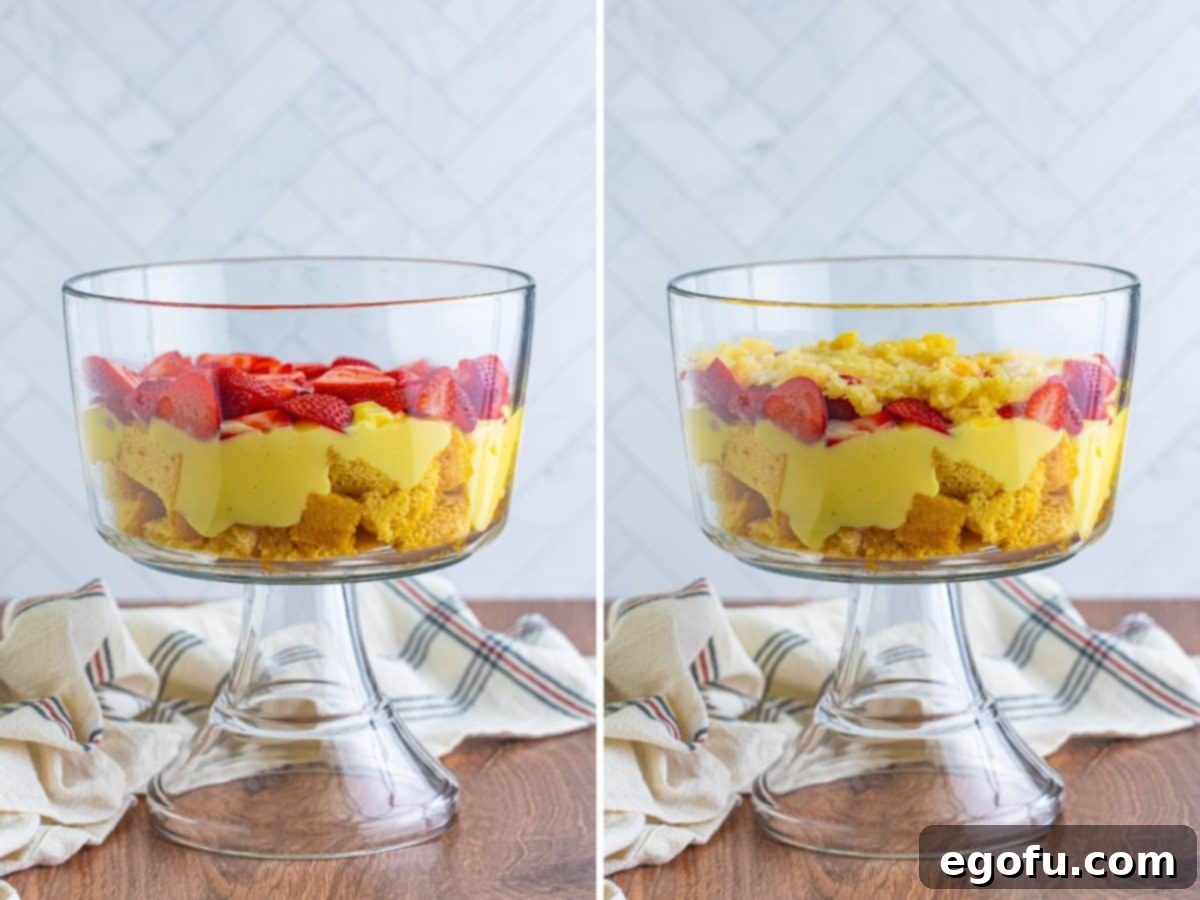 Party Perfect Bowl Cake 6 A punch bowl displaying clear layers of cake, vanilla pudding, and vibrant sliced strawberries, adjacent to another view showing the thoughtful addition of crushed pineapple to the next layer.