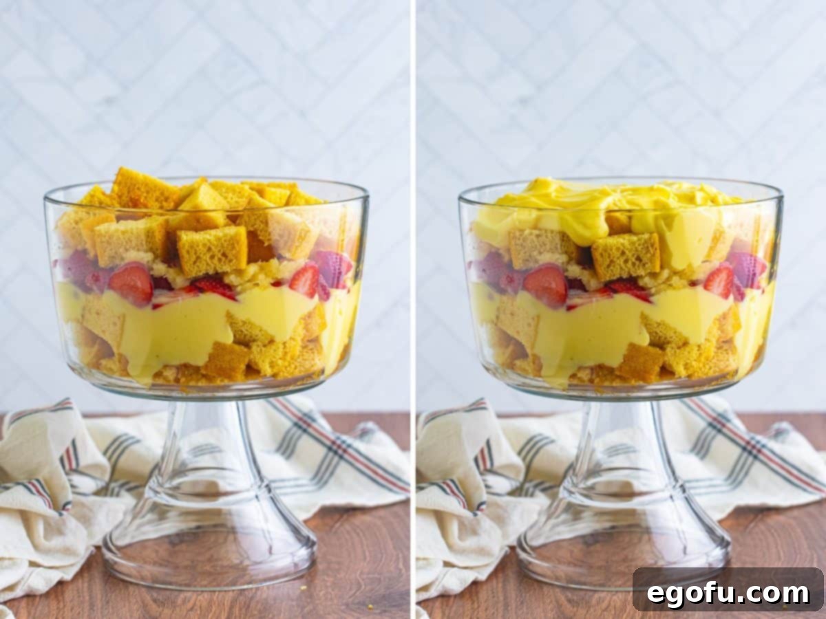 Party Perfect Bowl Cake 7 A layered cake within a punch bowl, clearly showing the intricate middle layers of cake pieces, smooth pudding, fresh fruit, followed by another layer of cake pieces and creamy pudding.