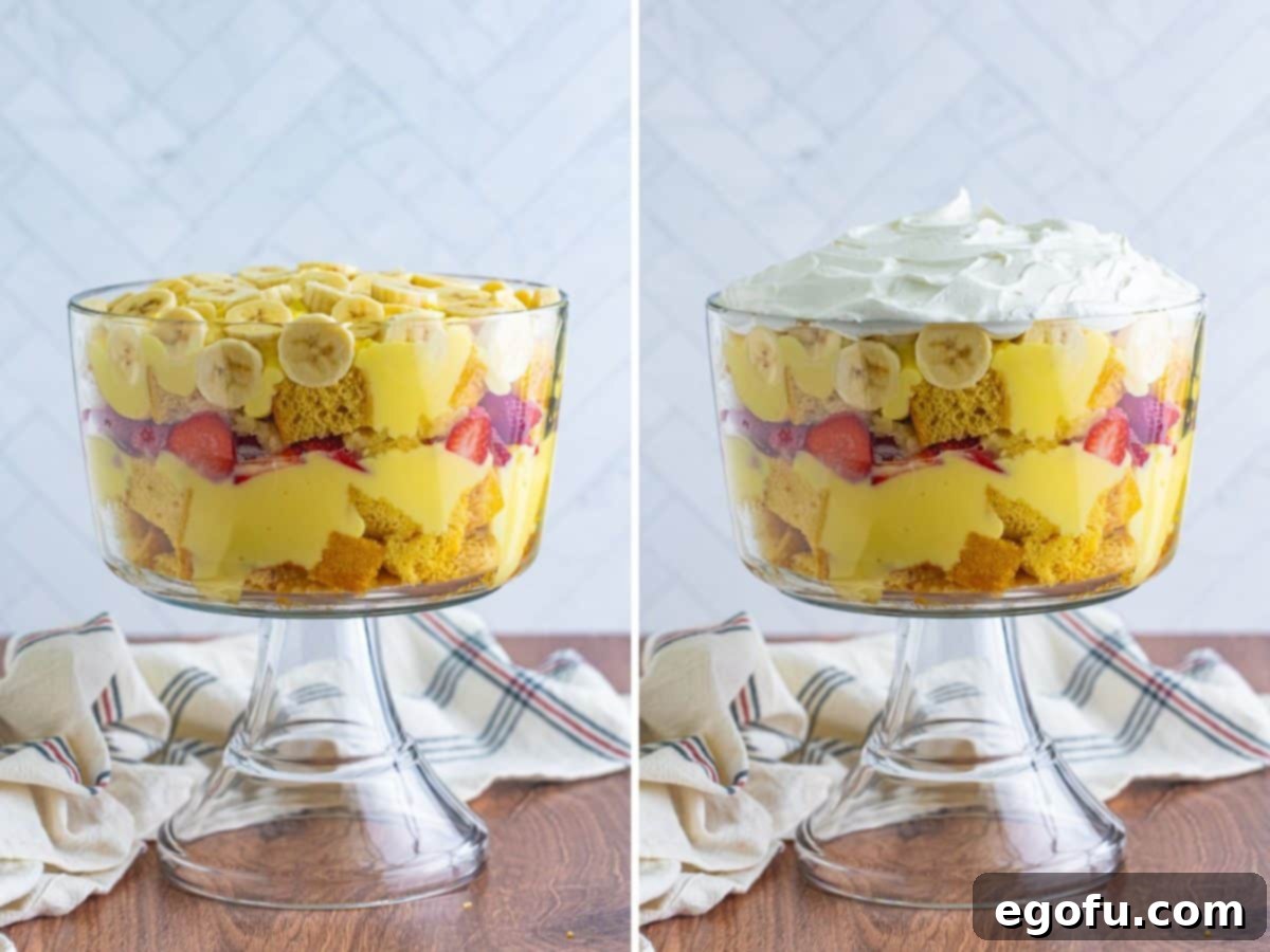 Party Perfect Bowl Cake 8 A fully layered cake featuring vibrant strata of yellow cake, creamy vanilla pudding, fresh strawberries, sweet crushed pineapple, and ripe bananas, now generously topped with fluffy whipped topping.