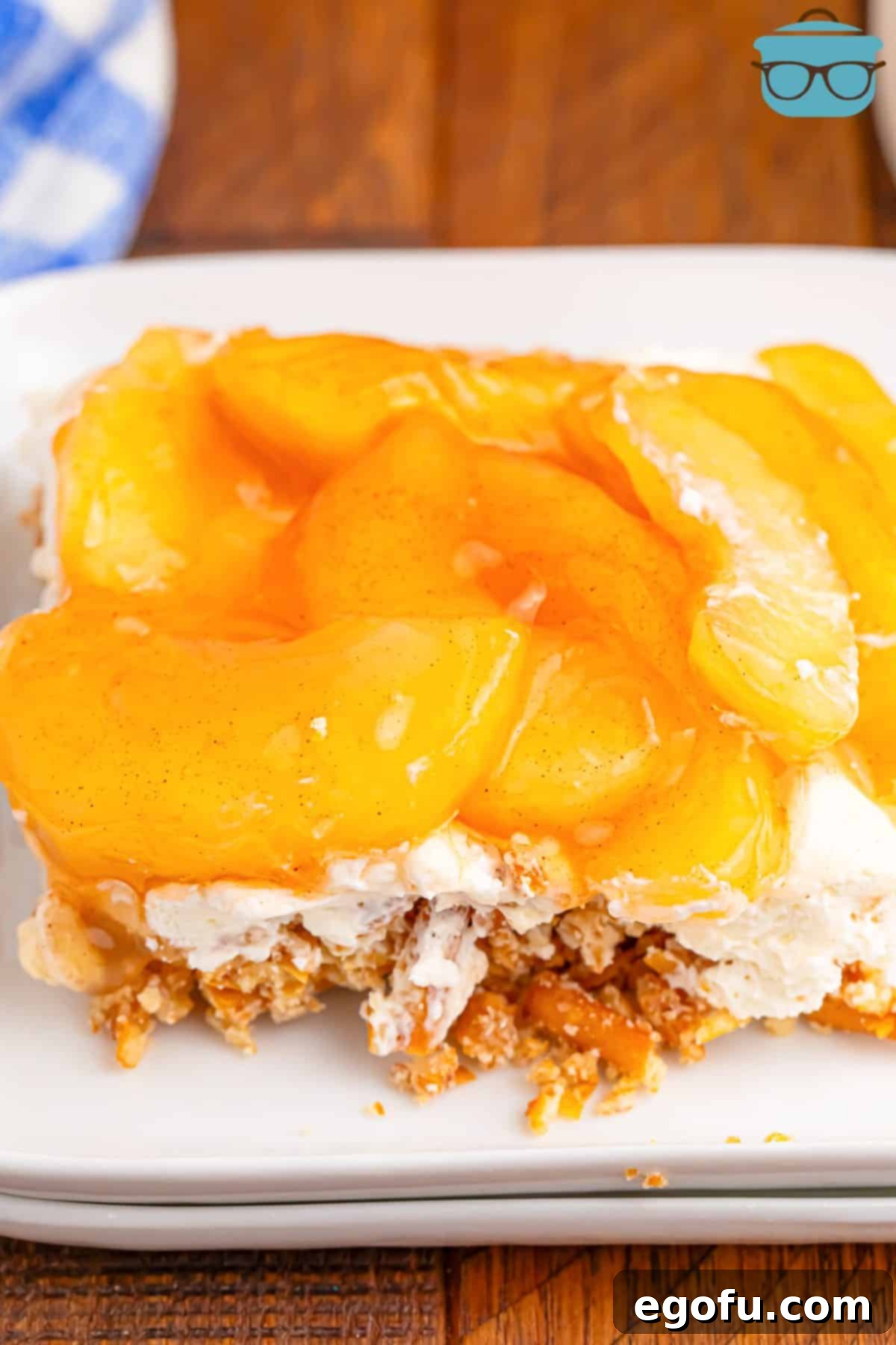 Looking down on a plate of Apple Pretzel Salad, showcasing its distinct layers.