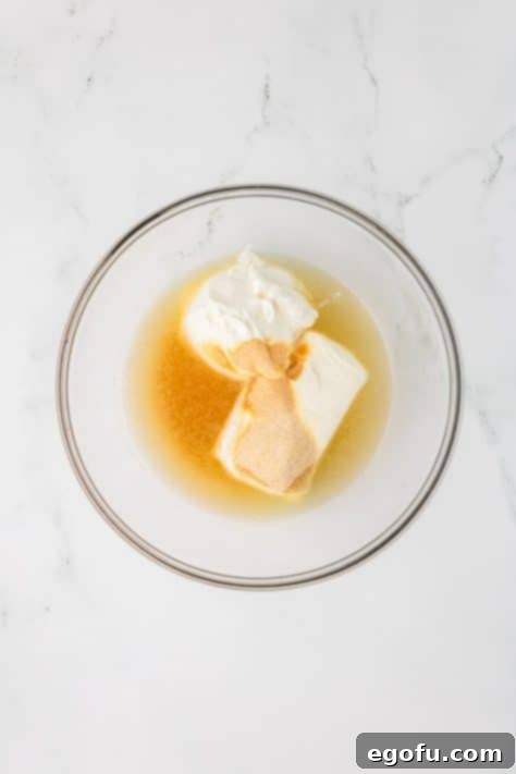 A mixing bowl with oftened cream cheese, chicken broth, sour cream, garlic powder, and onion powder.