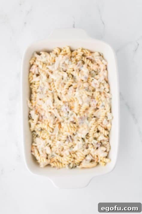 Chicken mixture in a baking dish.
