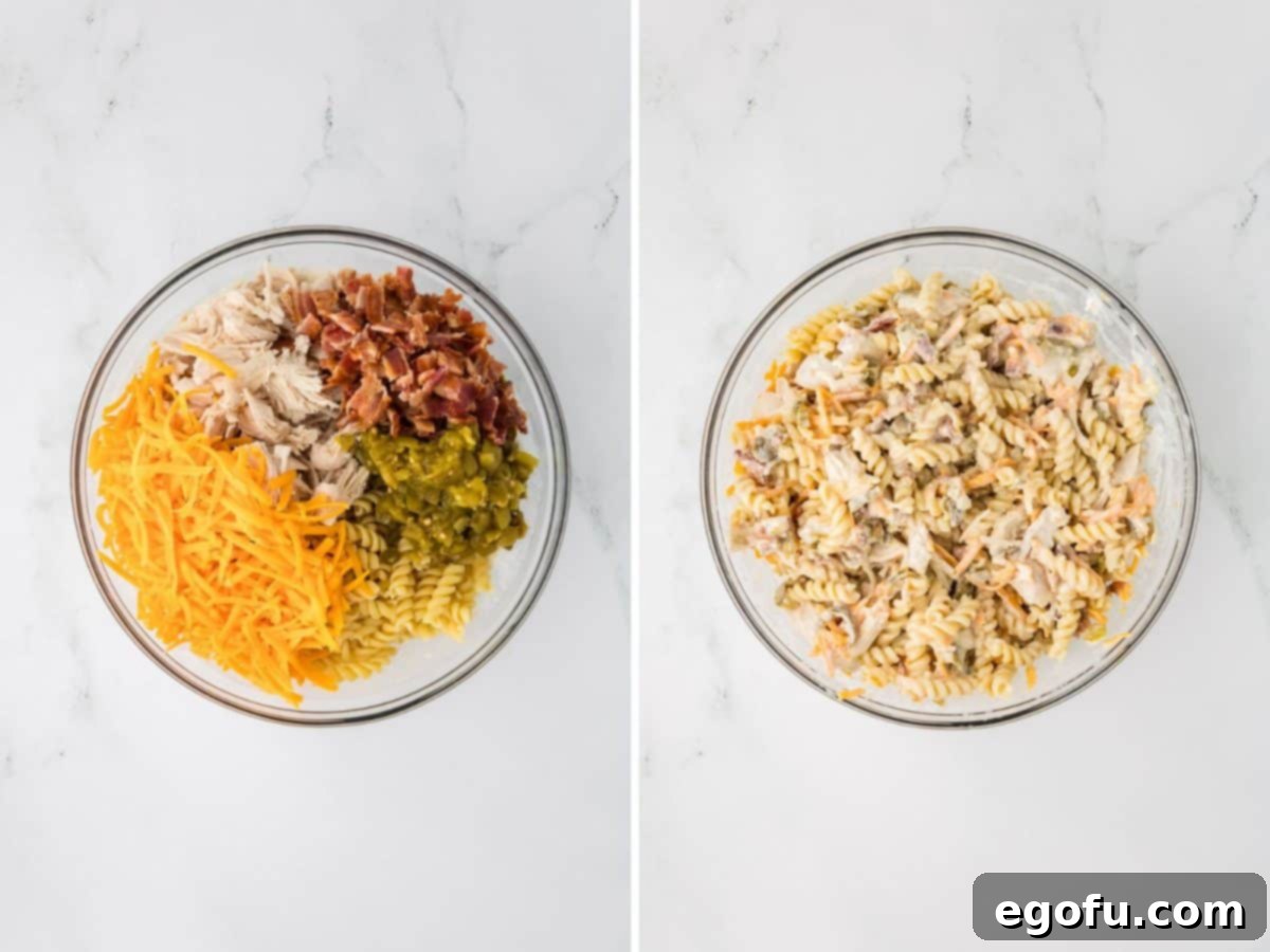 A bowl of unmixed chicken casserole filling and a bowl of mixed up pasta chicken jalapeno popper casserole filling. The mixed bowl shows pasta, chicken, bacon, cheese, and diced jalapenos evenly incorporated into the creamy sauce.