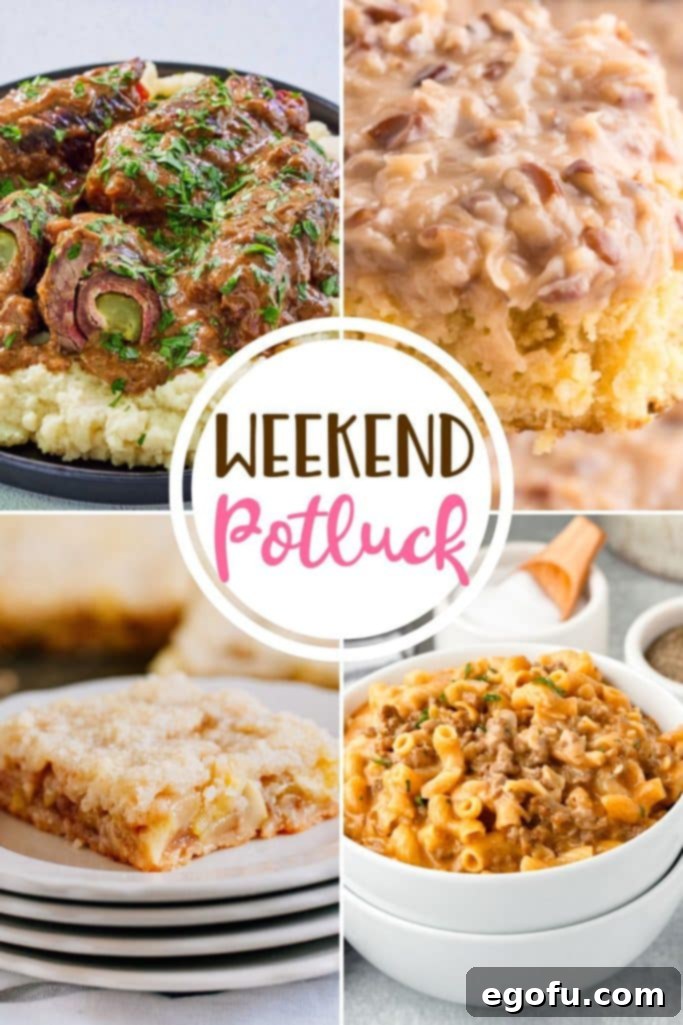 A delightful spread featuring German Rouladen, Zucchini Apple Pie Bars, Homemade Hamburger Helper, and God Bless America Cake from the Weekend Potluck.