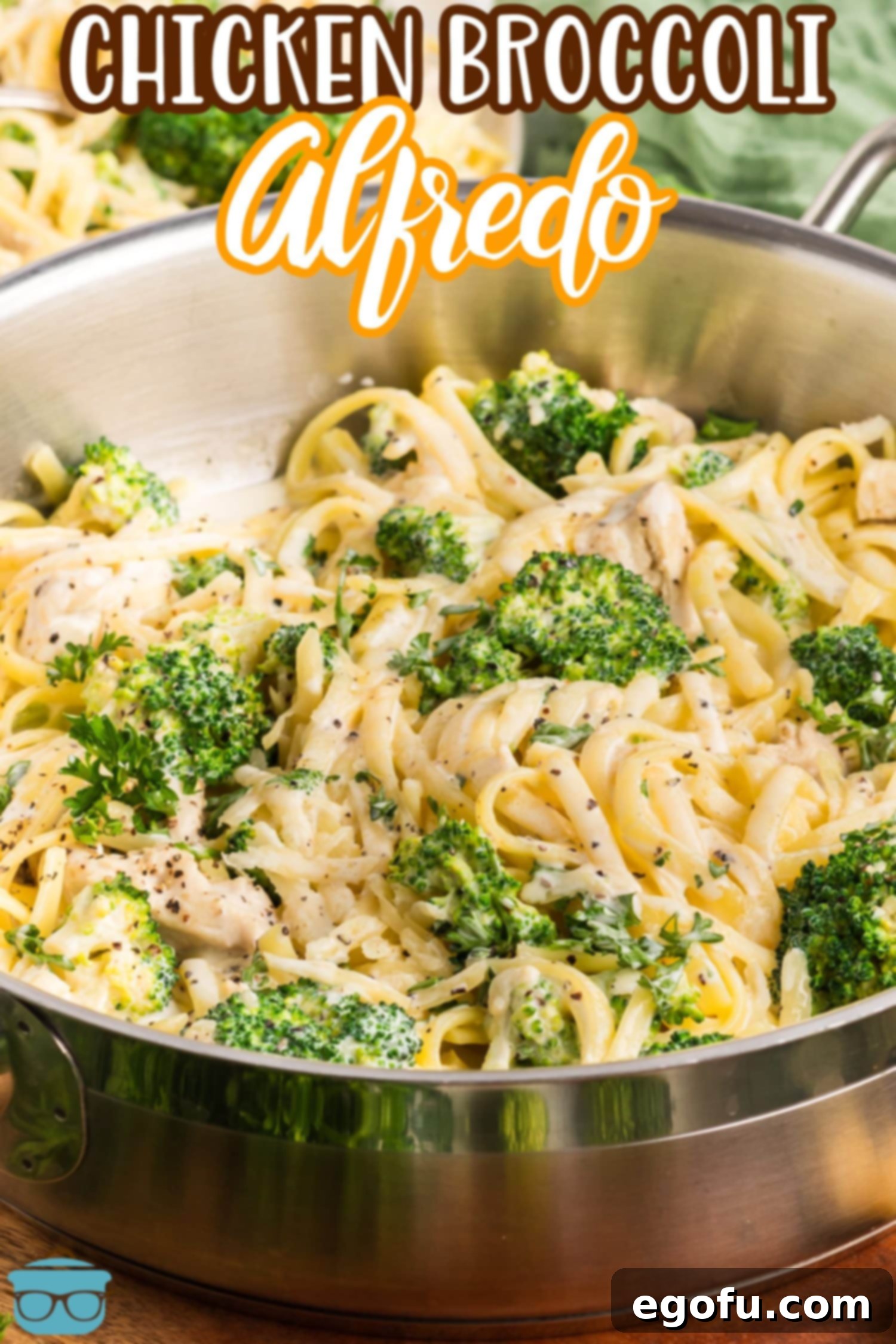 A big serving of Chicken Broccoli Alfredo, ready to be enjoyed.
