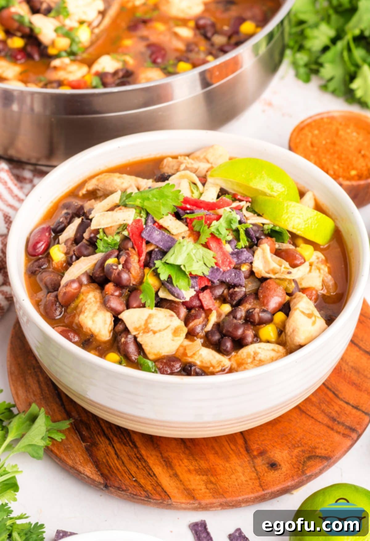 A bowl of comforting Chicken Taco Soup, garnished with fresh cilantro and a dollop of sour cream.