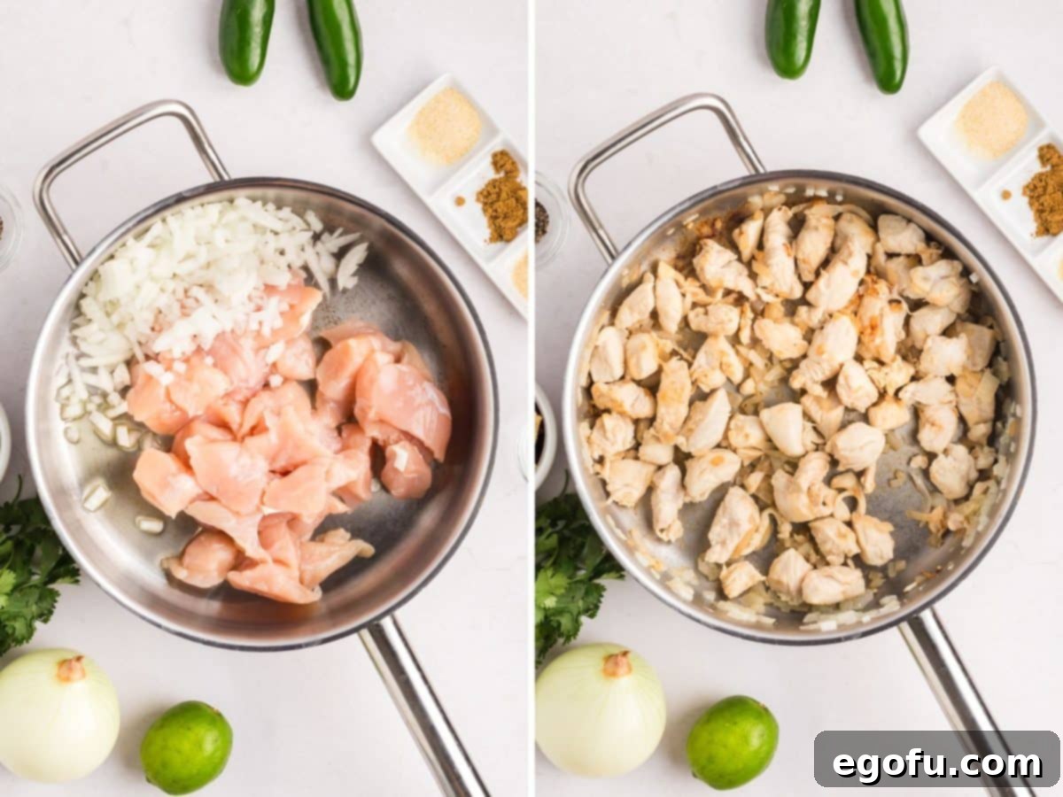 Two images side by side. On the left, a skillet with raw chicken and diced onions just added to oil. On the right, the chicken and onions are partially cooked and slightly browned.