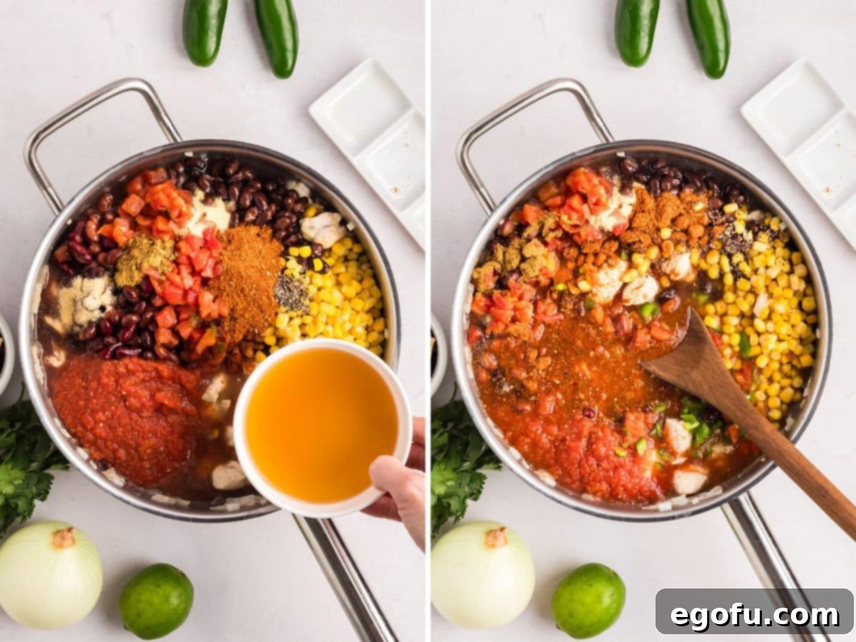 Two images side by side. On the left, a skillet with the sautéed chicken and onions, and all the added ingredients like chicken stock, tri-color beans, black beans, diced tomatoes, corn, salsa, lime juice, jalapeno, taco seasoning, onion powder, garlic powder, cumin, and black pepper. On the right, the soup is brought to a boil.