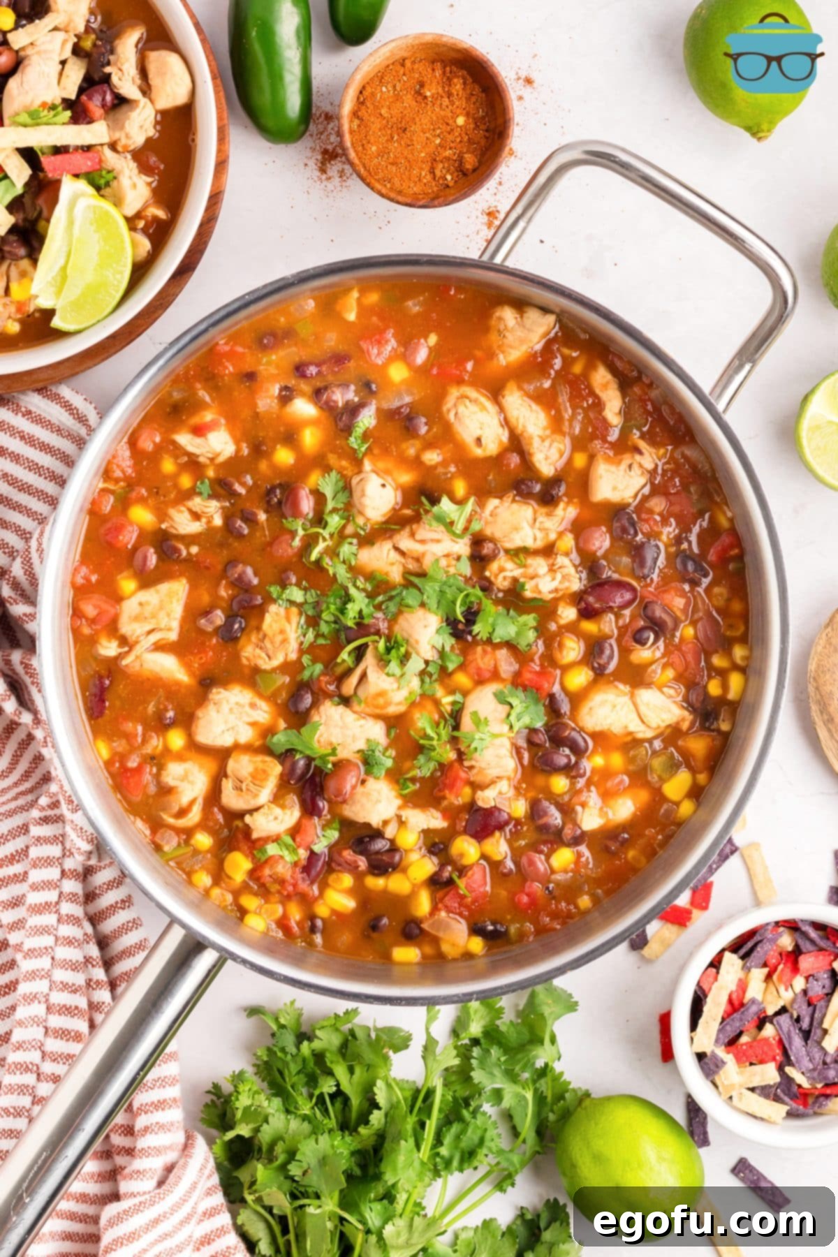 A close-up, overhead shot of a pot filled with rich and vibrant Chicken Taco Soup, steaming and ready to be served.