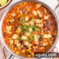 Looking down on a pot of Chicken Taco Soup.