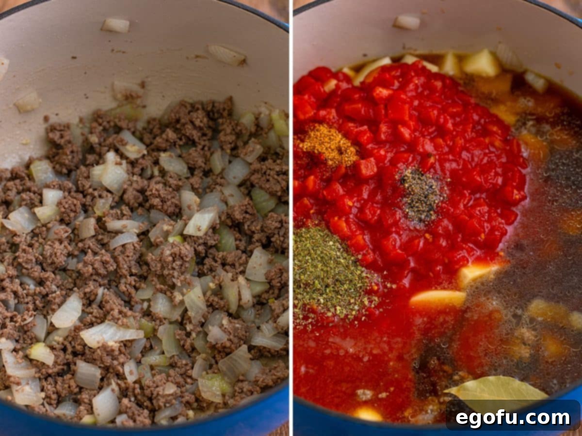 A pot with ground beef and onions, and a pot with beef broth, diced tomatoes, tomato sauce, potatoes, Worcestershire sauce, red wine vinegar, Italian seasoning, creole seasoning, pepper, and bay leaf.