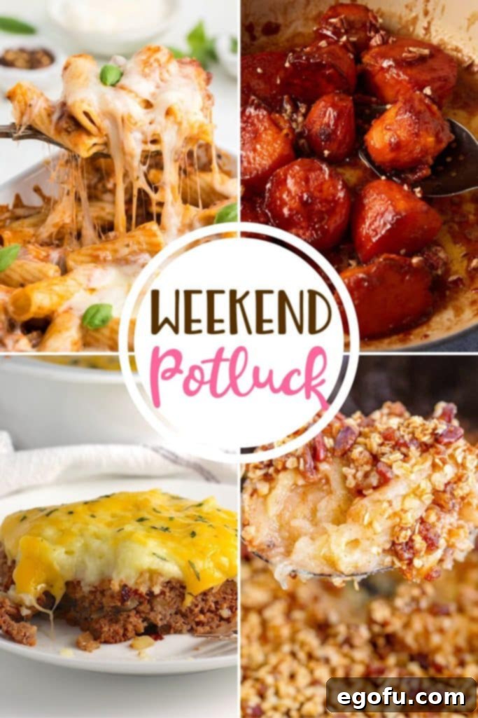 Homestyle Meatloaf Casserole 2 A vibrant collage featuring a selection of delicious recipes from the Weekend Potluck. Includes a hearty Meatloaf Casserole, glistening Stovetop Candied Sweet Potatoes, a cheesy and satisfying Easy Baked Rigatoni with Ground Beef, and a warm, comforting Crock Pot Apple Crisp with Vanilla Sauce.