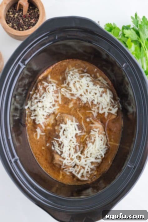 Swiss cheese on top of chicken in a crock pot.