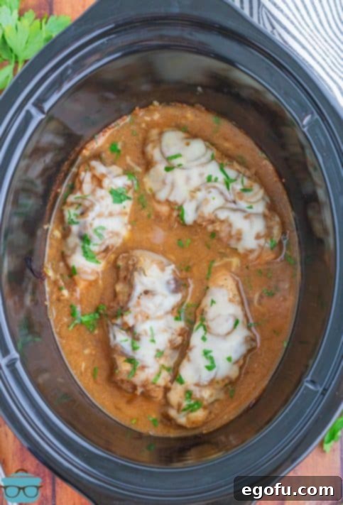 Some Crockpot French Onion Chicken still in the Slow Cooker.