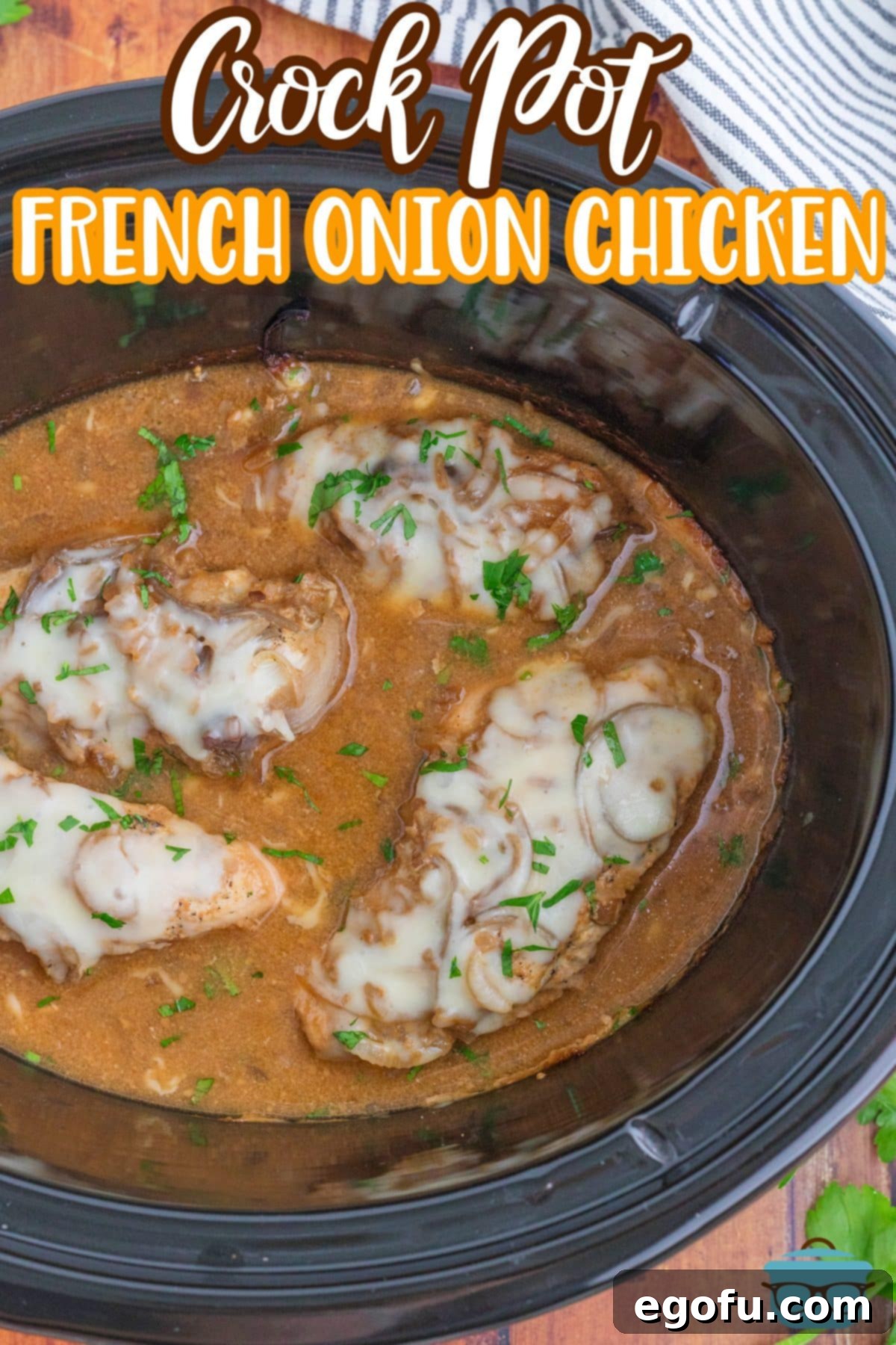 A full Slow Cooker insert full of French Onion Chicken.