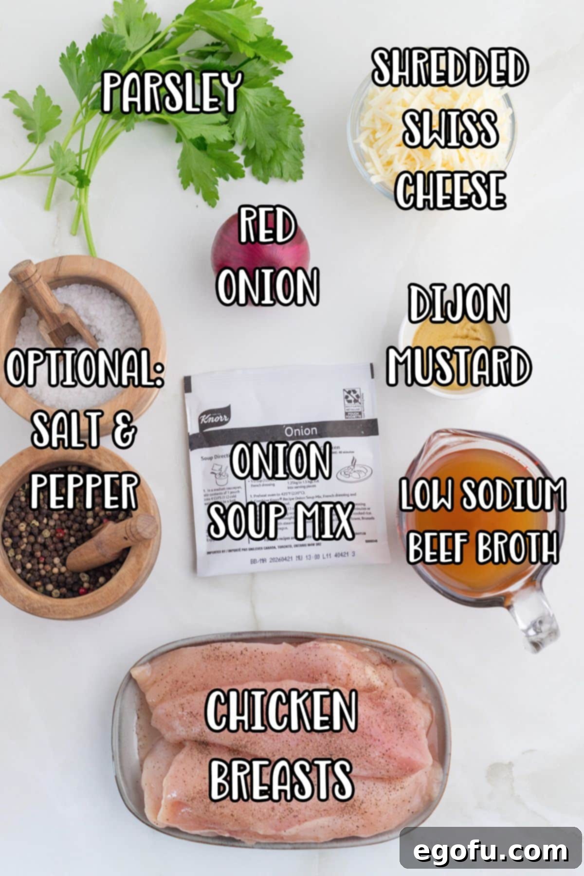 Chicken breasts, parsley, shredded cheese, red onion, packet of french onion soup mix, beef broth, and Dijon mustard. 
