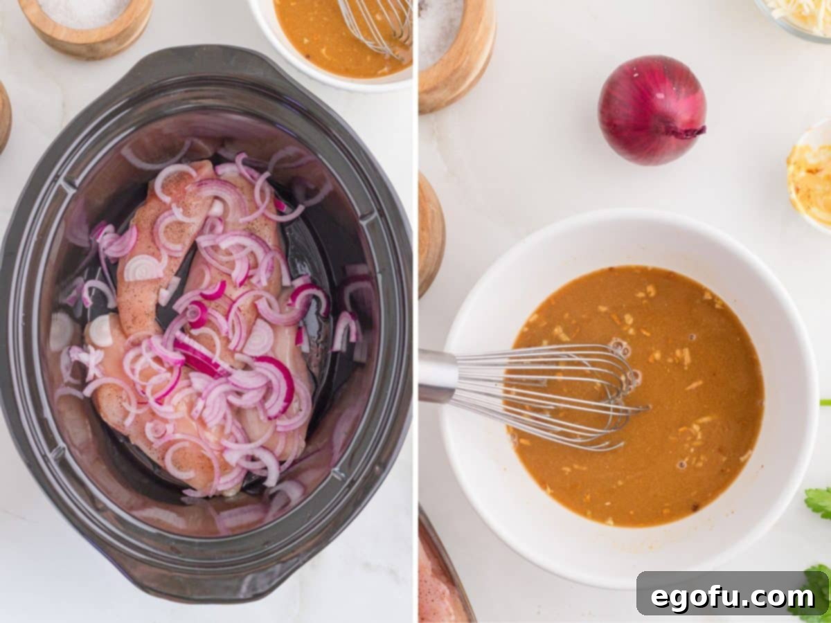 A crock pot with chicken and red onions and a bowl with a whisk and brown sauce. 