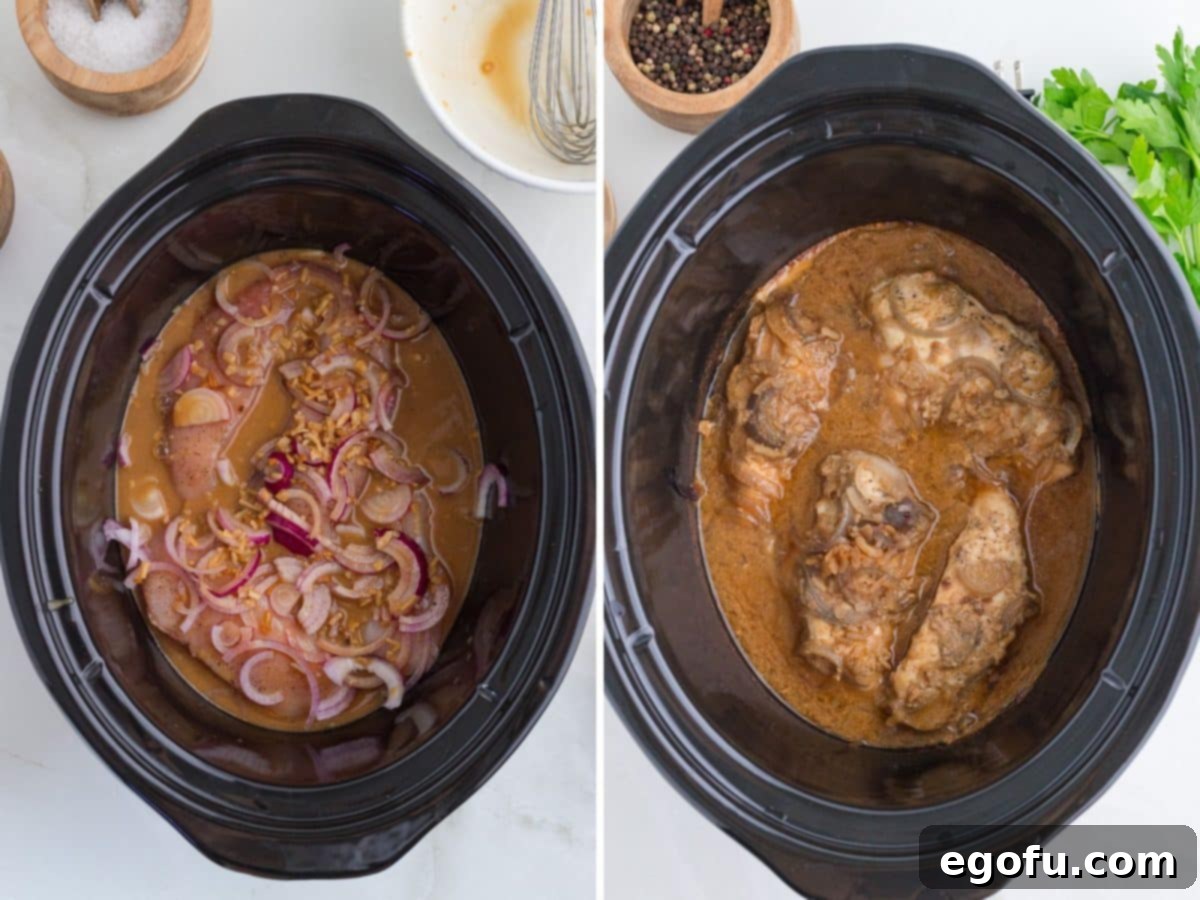 Chicken, onion, onion soup, beef broth, and Dijon mustard in a Crock pot and another crock pot with the raw ingredients.