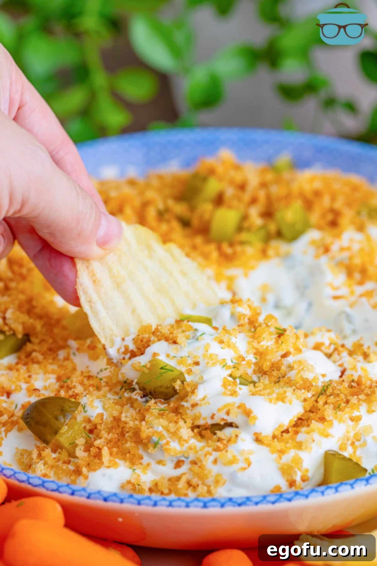 A crisp tortilla chip laden with creamy Fried Pickle Dip, showcasing the vibrant green pickle pieces and crunchy topping.