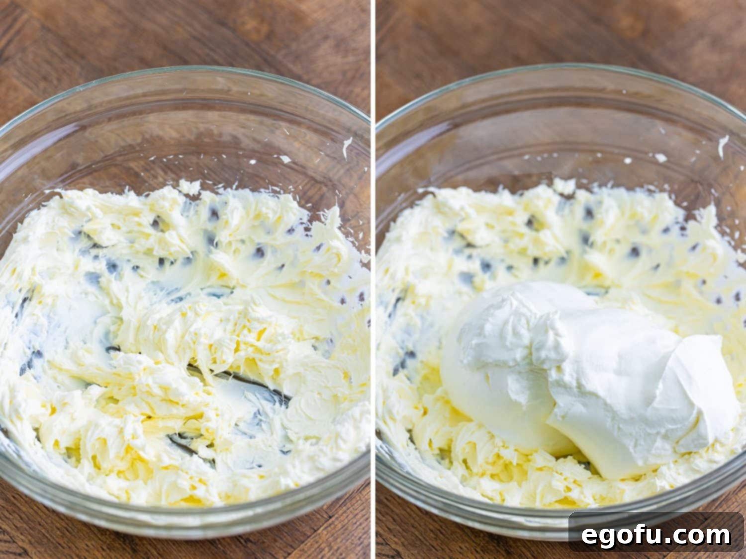 Cream cheese in a bowl being whipped with an electric mixer, forming a smooth and airy base.