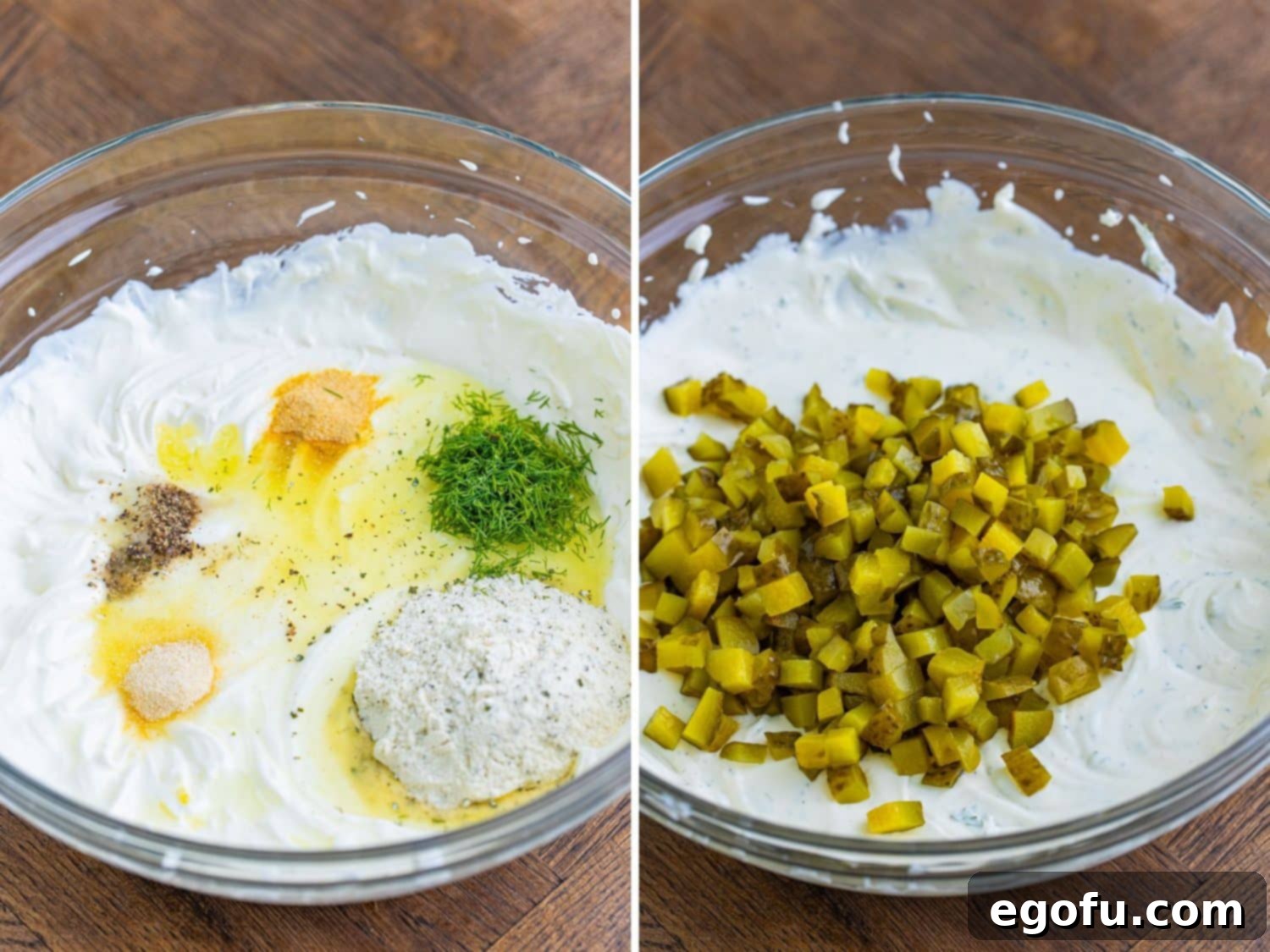 A bowl containing the blended cream cheese, sour cream, and spices before the pickles are added, contrasted with a bowl where everything is mixed with chopped pickles.