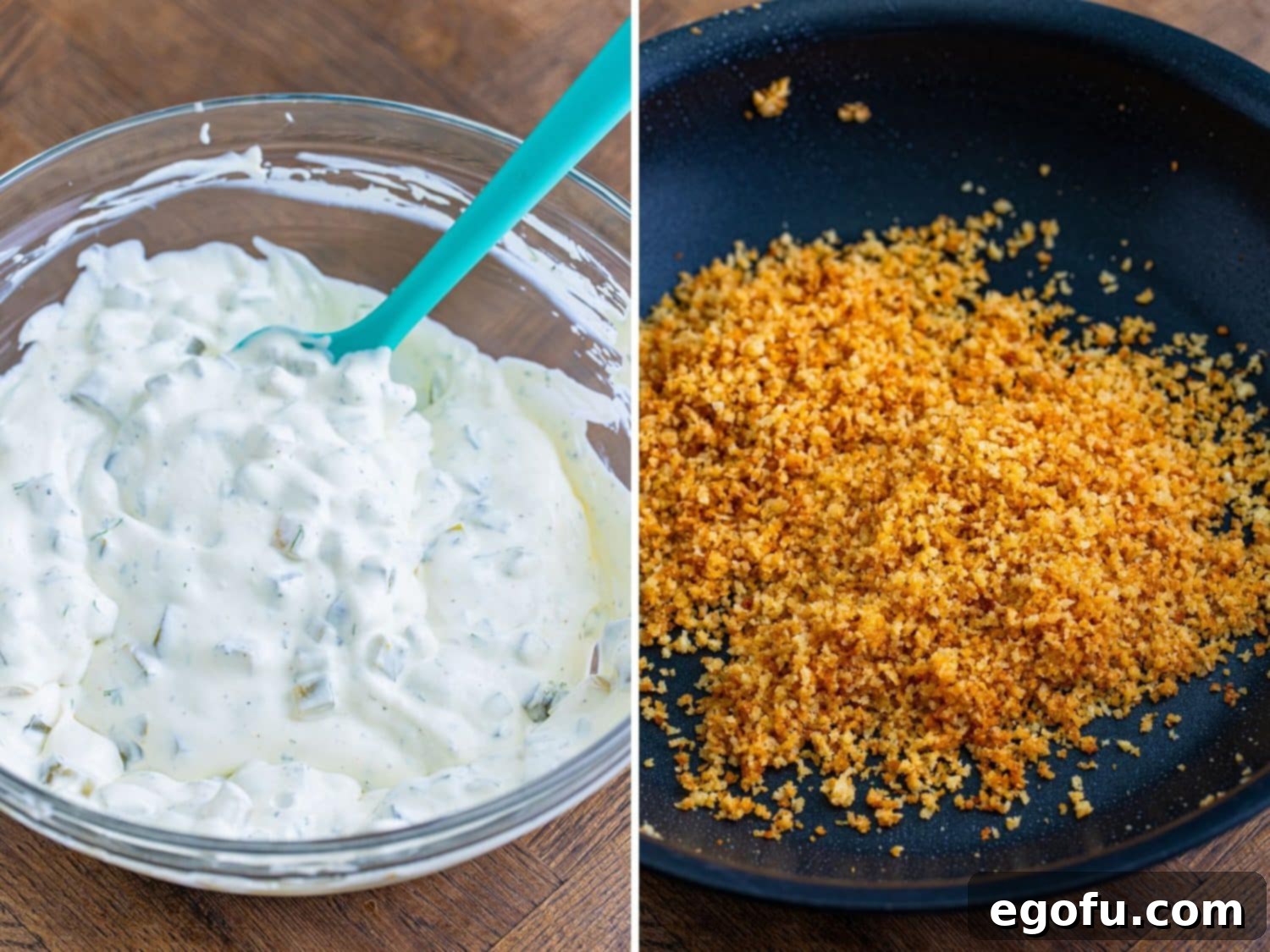 A bowl of creamy pickle dip next to a skillet with melting butter and golden panko breadcrumbs, demonstrating parallel preparation.