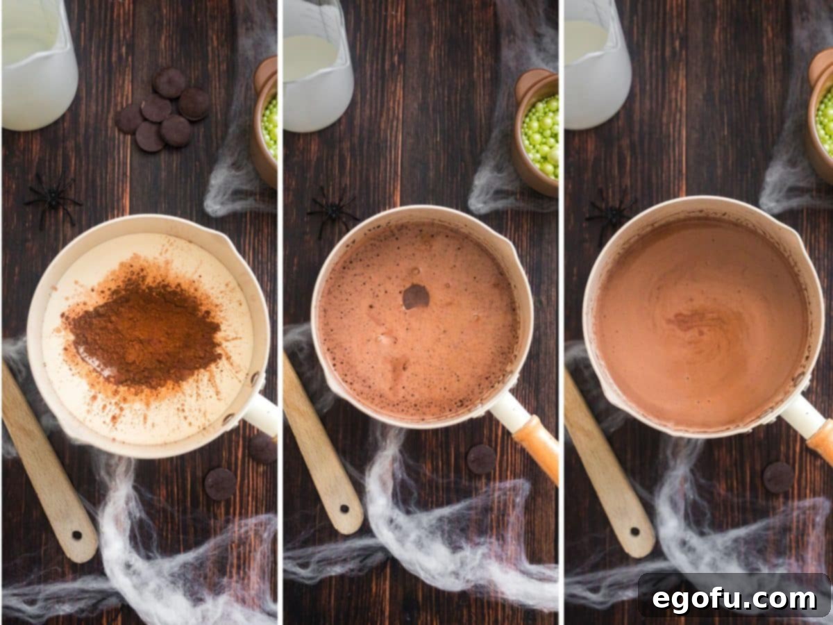Bewitching Brew Hot Chocolate 5 A sequence of three images showing the process of making Witches Brew Hot Chocolate: initial ingredients in a saucepan, melting chocolate wafers, and the final smooth hot chocolate mixture.