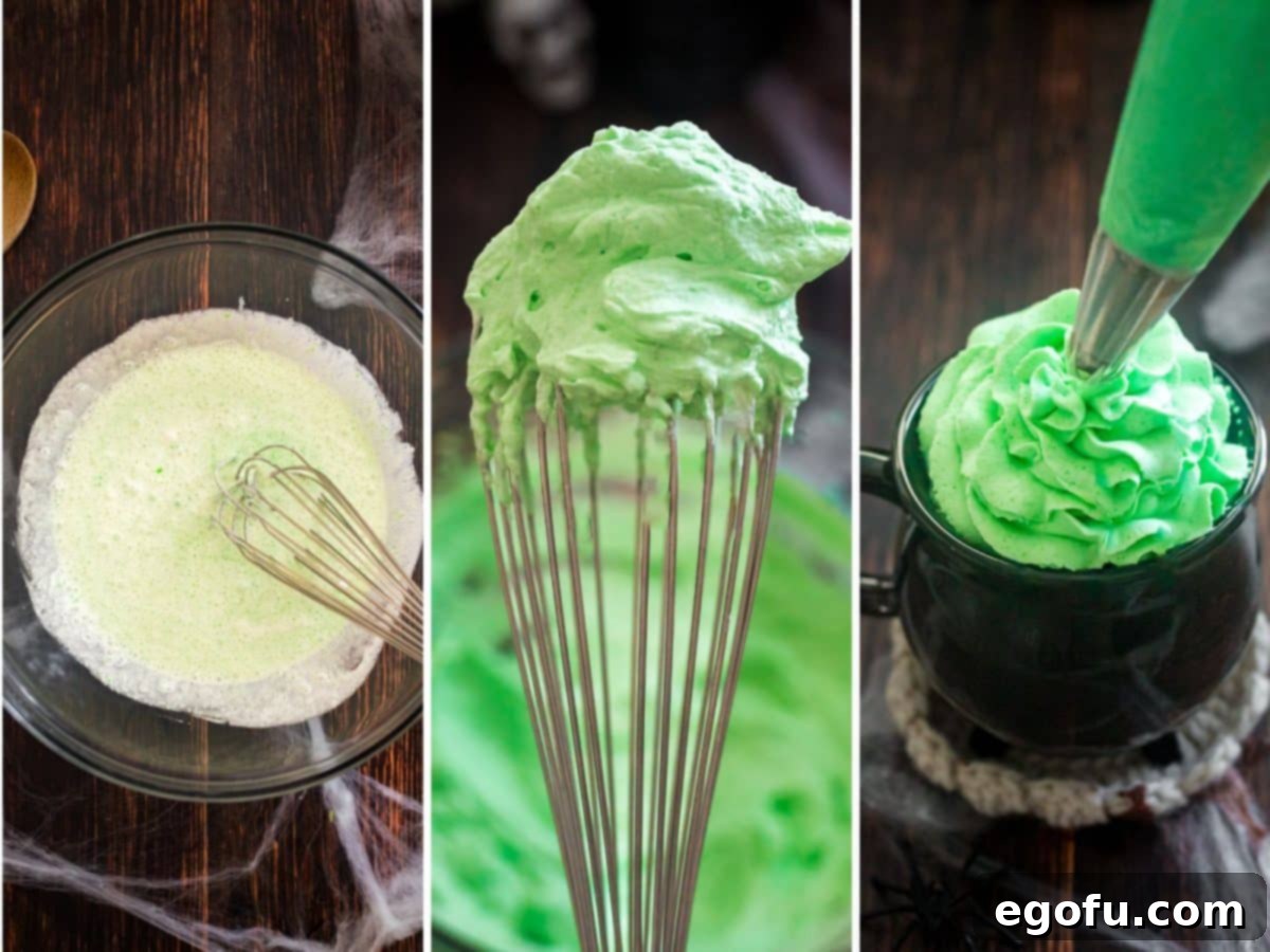 Bewitching Brew Hot Chocolate 6 A sequence of images showing the preparation of green whipped cream: ingredients in a bowl, whipped cream on a whisk, and whipped cream being piped onto hot cocoa in a cauldron mug.