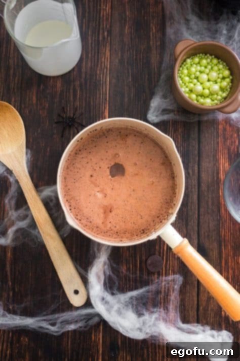 Bewitching Brew Hot Chocolate 9 A saucepan with heavy cream, milk, cocoa powder, sugar, and salt being whisked to combine.