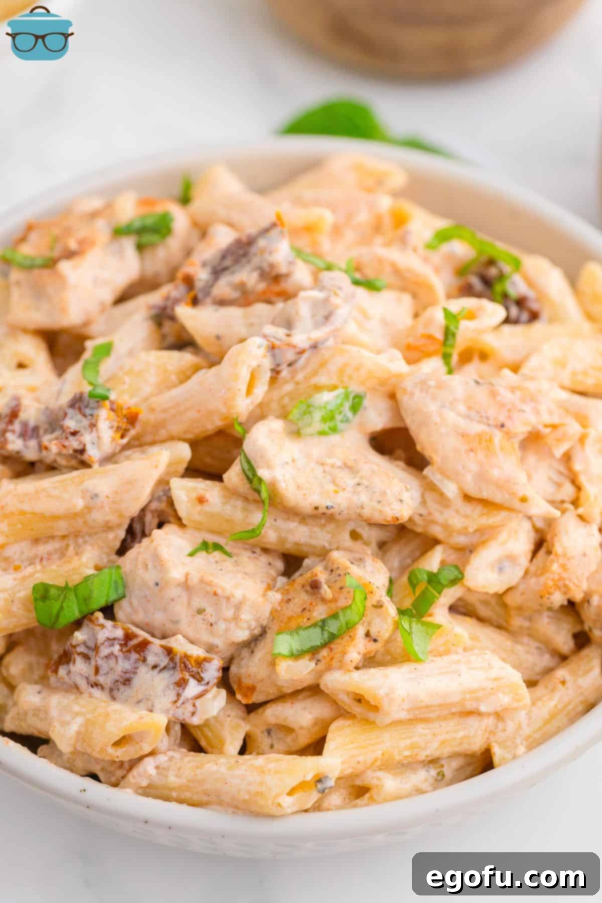 A bowl of Marry Me Chicken Pasta with penne.