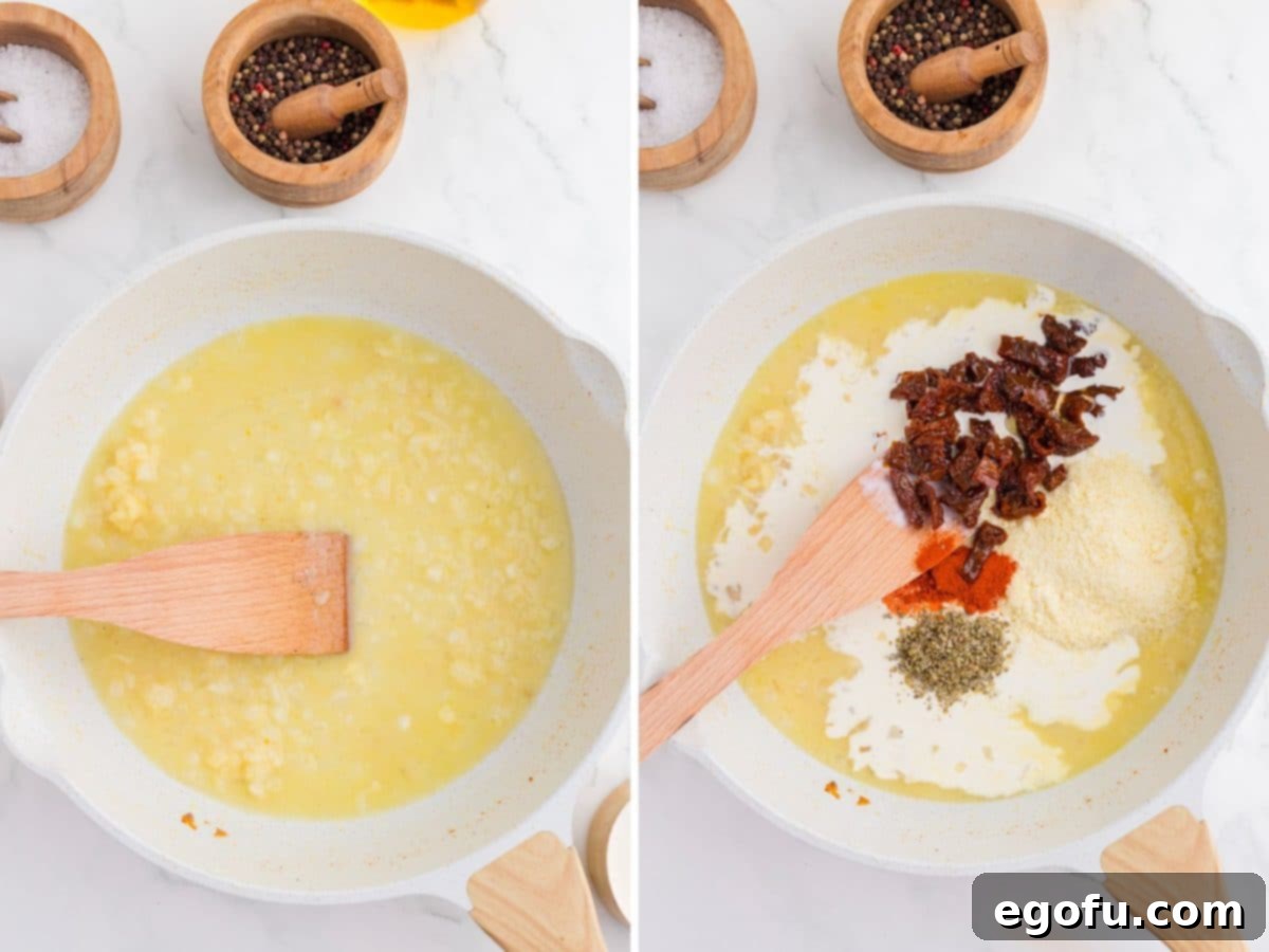 Chicken broth and garlic in a skillet and another skillet with chicken broth, sundried tomatoes, and other seasonings.
