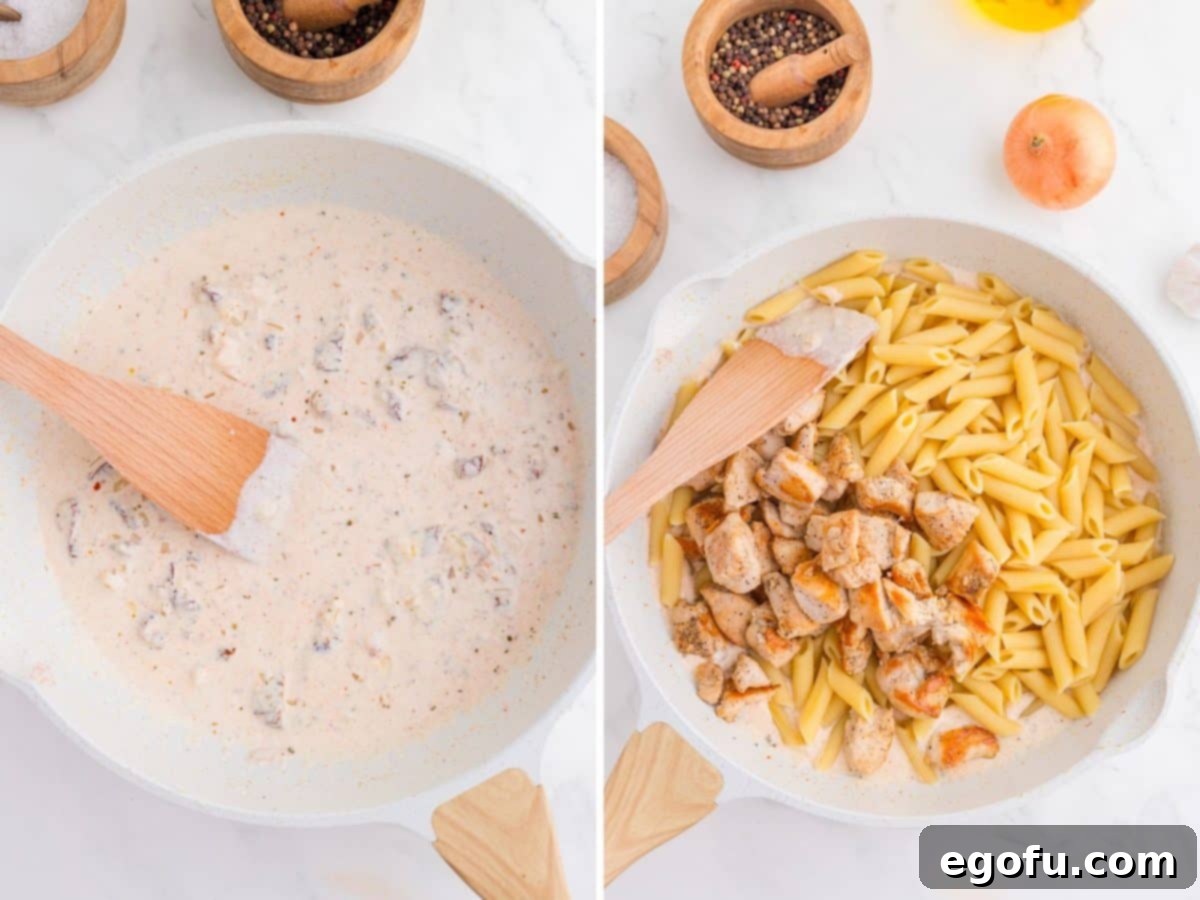 A saucepan with a sauce and a saucepan with chicken and pasta. 