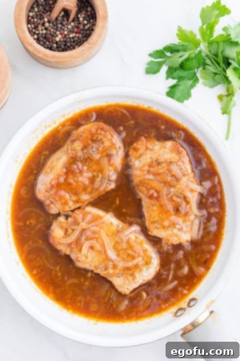 Caramelized Onion Smothered Pork Chops 15 Pork chops in a beef broth sauce.