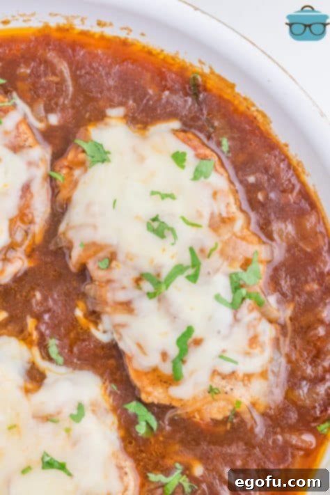 Caramelized Onion Smothered Pork Chops 17 Looking down on a few French Onion Pork Chops with cheese and gravy.