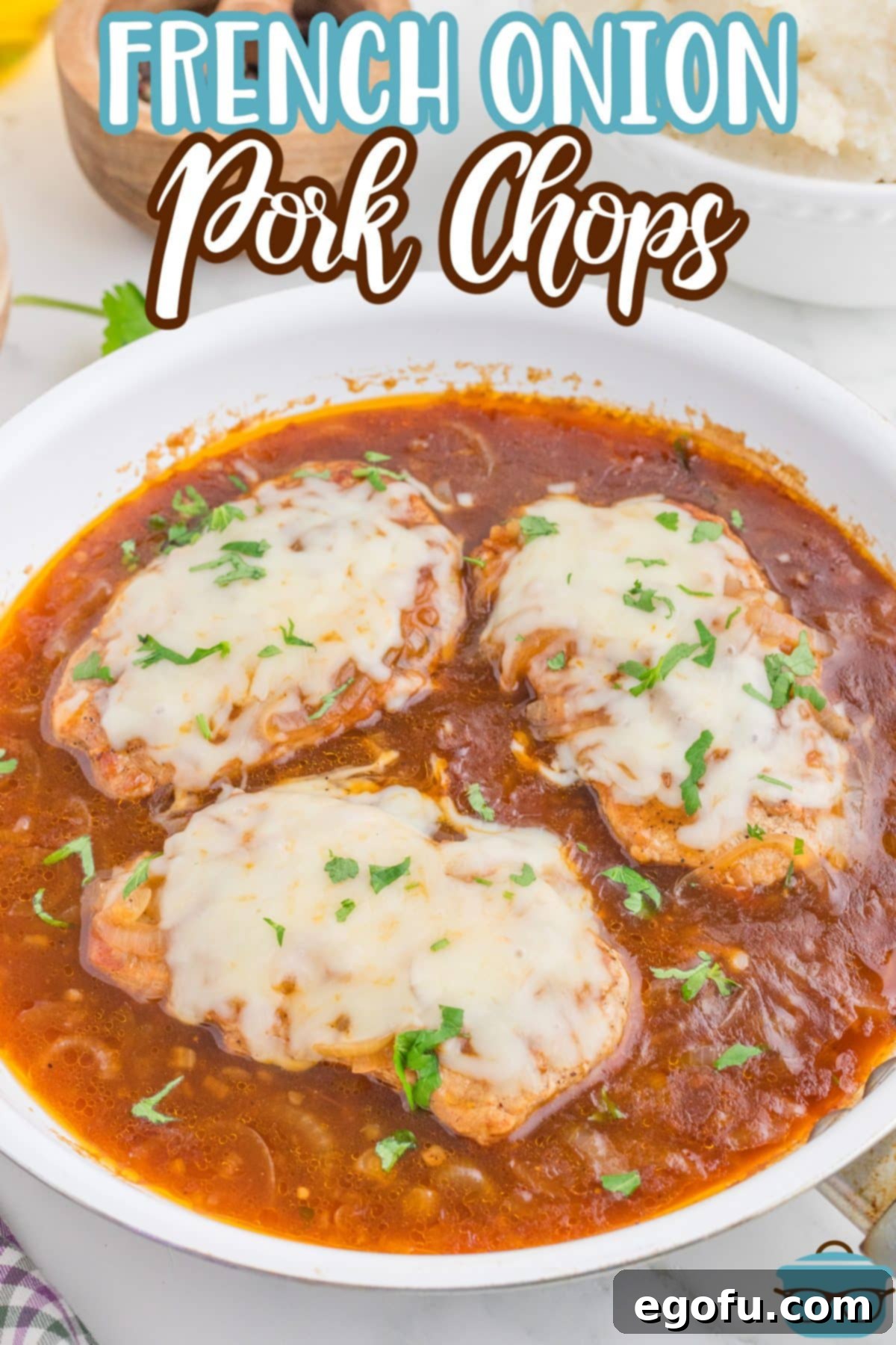 Caramelized Onion Smothered Pork Chops 4 A large serving platter of French Onion Pork Chops.