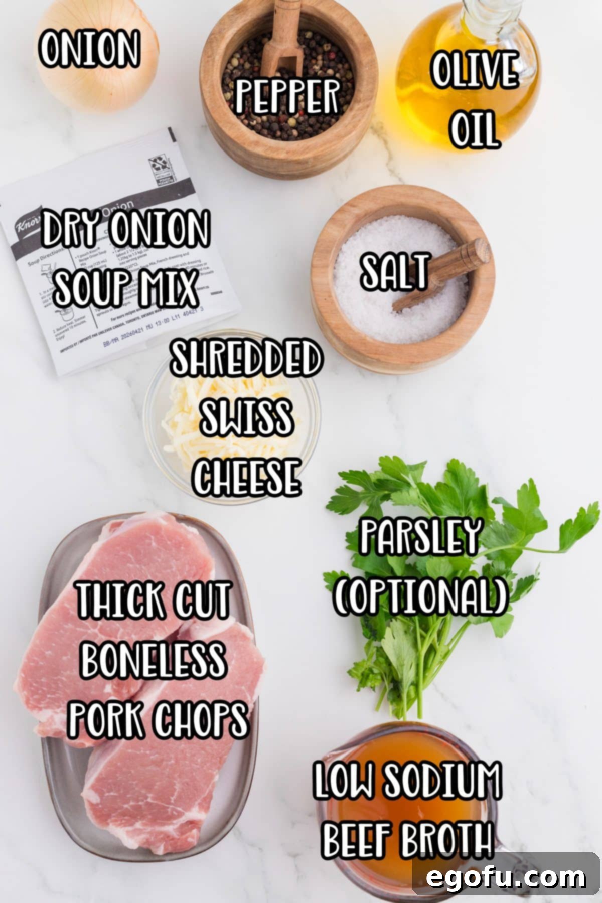 Caramelized Onion Smothered Pork Chops 5 pork chops, onion soup mix, beef broth, Swiss cheese, olive oil and parsley.