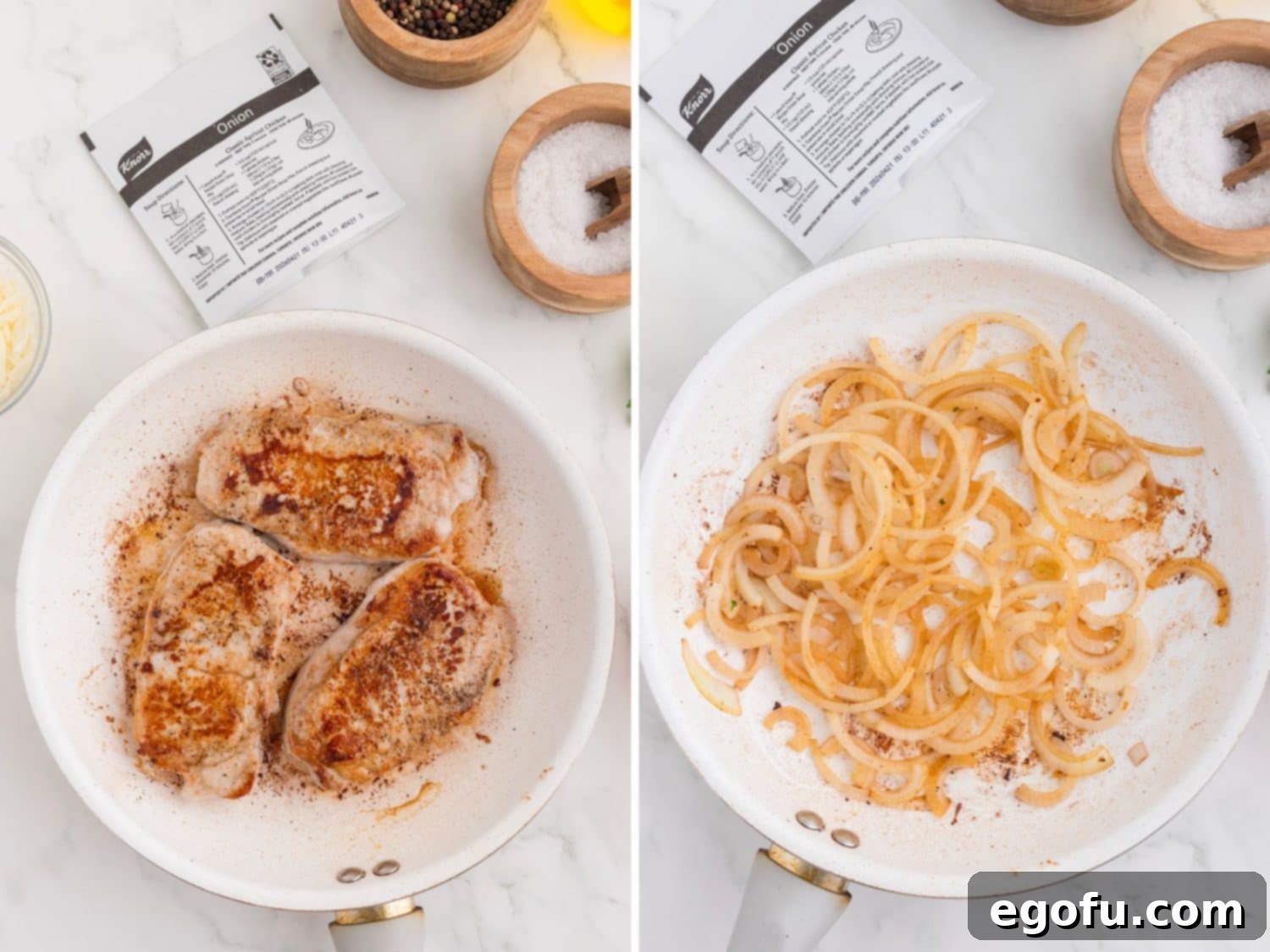 Caramelized Onion Smothered Pork Chops 6 Seasoned pork chops and a skillet with sliced onions.