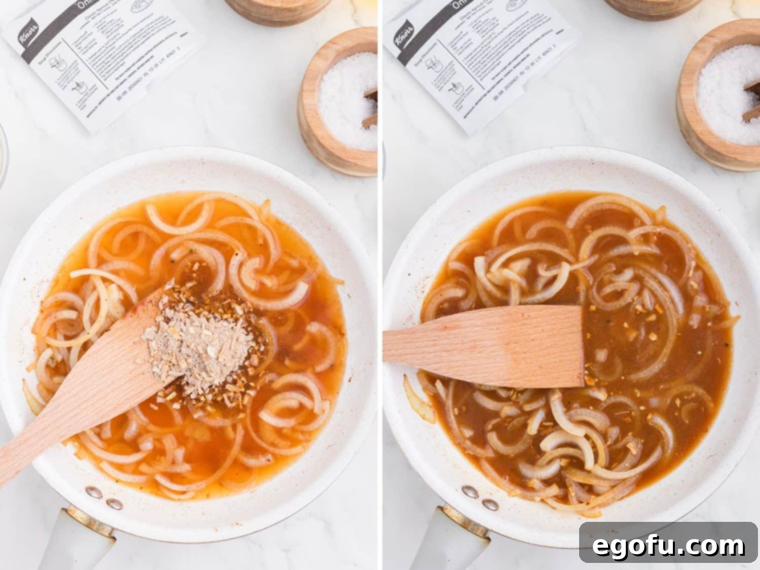 Caramelized Onion Smothered Pork Chops 7 Onions, seasoning and beef broth in a skillet and an onion gravy in a skillet.