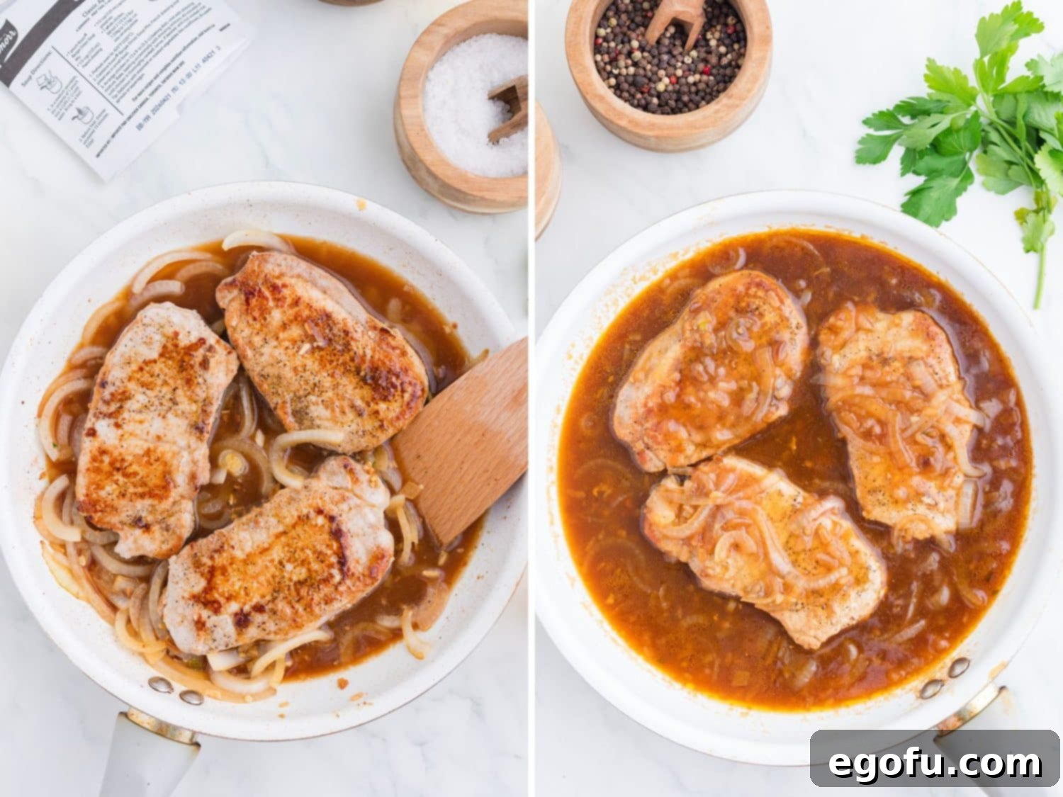 Caramelized Onion Smothered Pork Chops 8 Pork chops in the skillets with gravy.