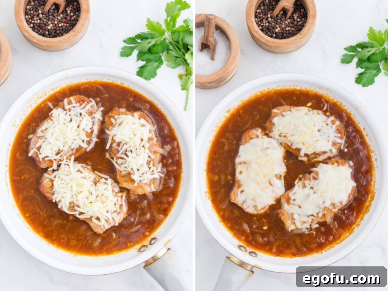 Caramelized Onion Smothered Pork Chops 9 Pork chops with shredded cheese and pork chops with melted cheese.