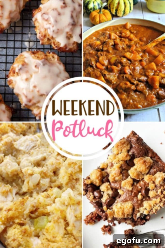 Weekend Potluck featured recipes include: Baked Apple Fritters, Autumn Harvest Beef Stew, Chocolate Coffee Cake and Chicken and Dressing Casserole, showcasing a delightful spread of home-cooked meals.