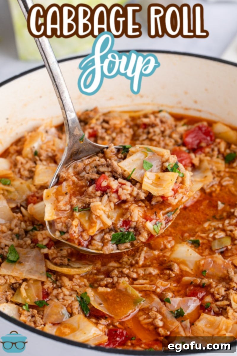 A large pot of simmering Cabbage Roll Soup with a ladle ready to serve, highlighting its rich, red color and visible ingredients.