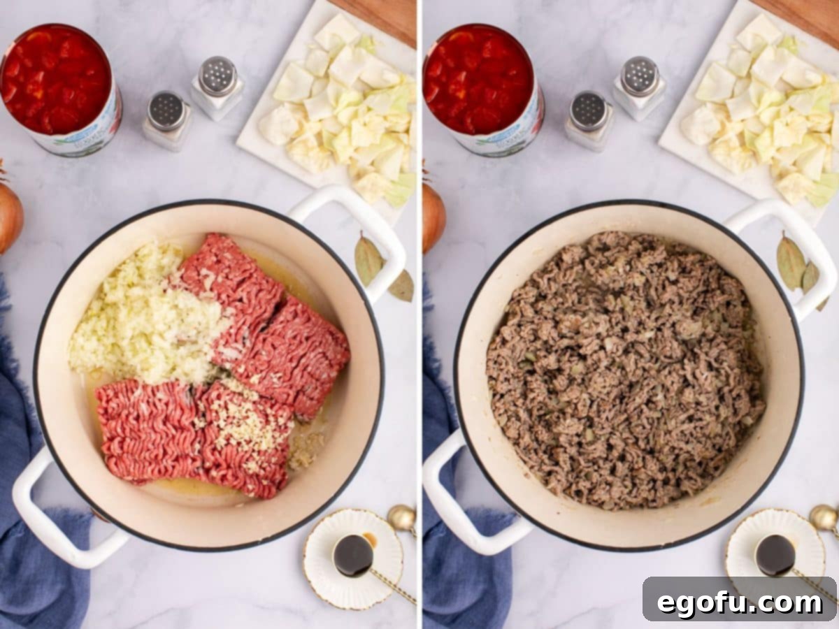 Ground beef, onions, and garlic cooking in a pot, followed by the cooked mixture.