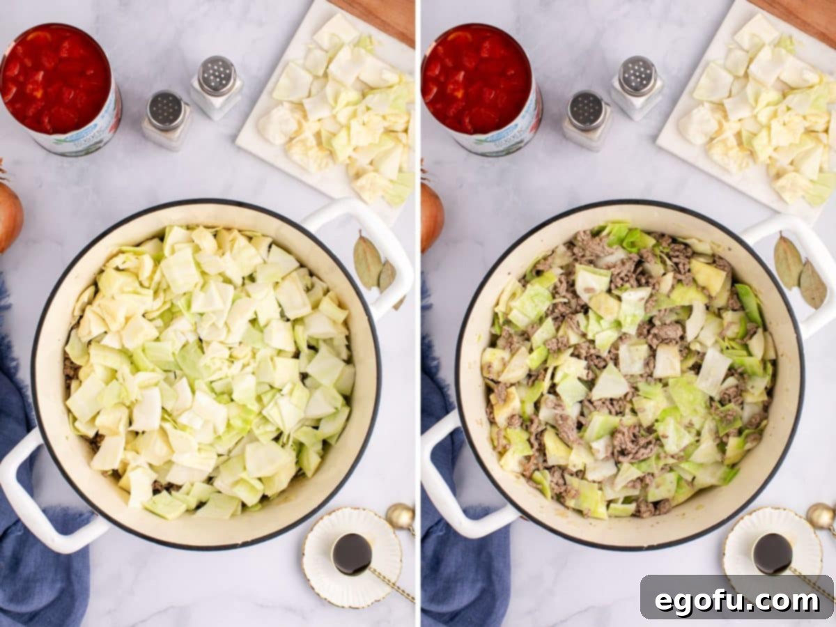 Chopped cabbage being added to the pot with beef and onion, then the softened cabbage mixed in.