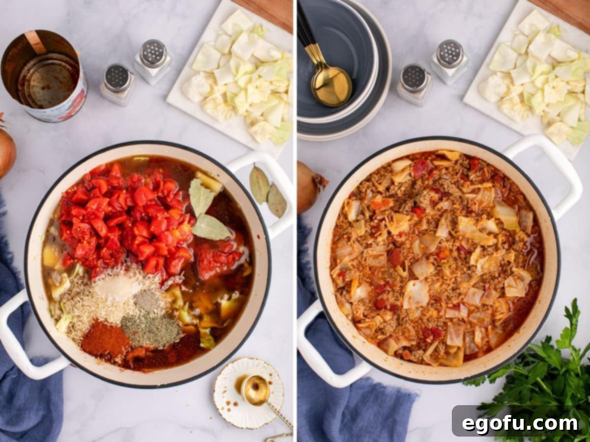 All soup ingredients, including diced tomatoes, broth, and spices, added to the pot, followed by the simmering mixture.